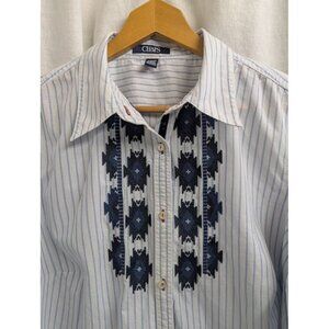 Chaps women's 1X cotton button up shirt stripes with unique cross stitch 019